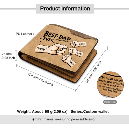 Best Dad Ever - Custom 4 Names & 1 Text Billfold Wallet Personalised Fist Bump Men's Leather Wallet