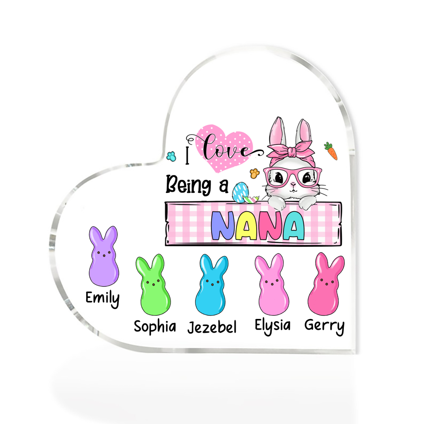 6 Names - Personalised Acrylic Heart Keepsake Custom Names Bunny Ornaments Gifts for Grandma/Mother-Jessemade AU