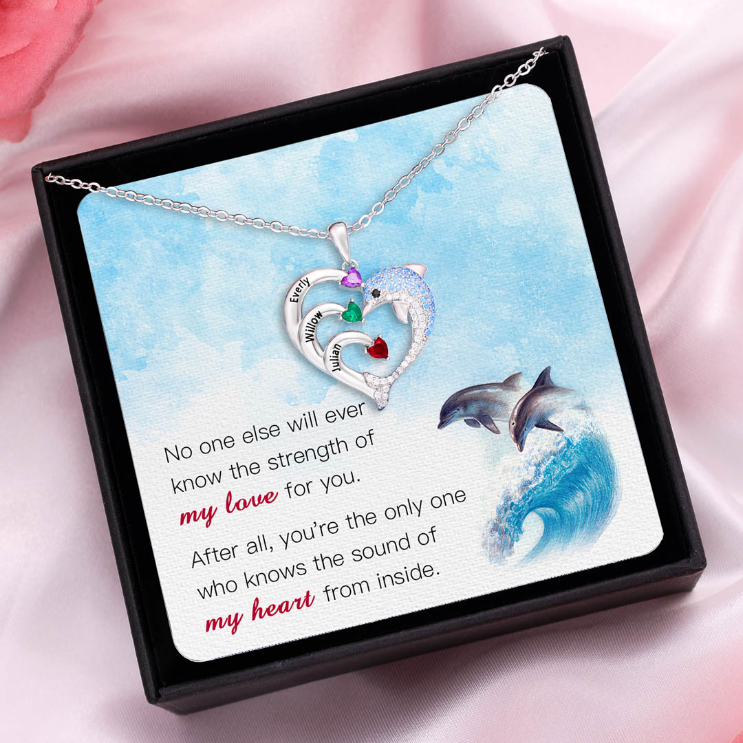 Personalised Heart Dolphin Necklace With 2 Birthstones Engraved Names Gift For Mum-Jessemade AU