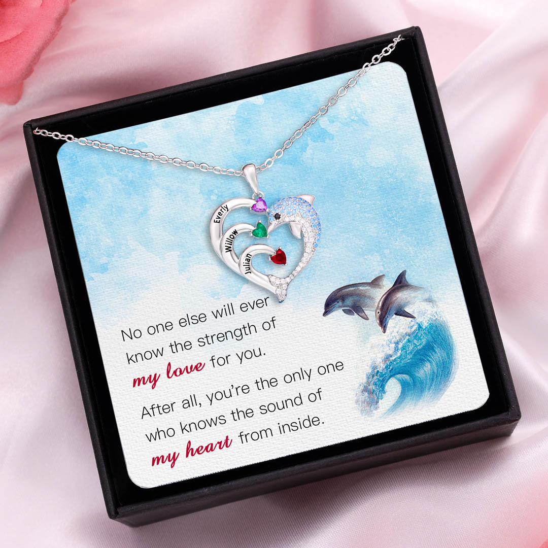 Personalised Heart Dolphin Necklace With 2 Birthstones Engraved Names Gift For Mum-Jessemade AU