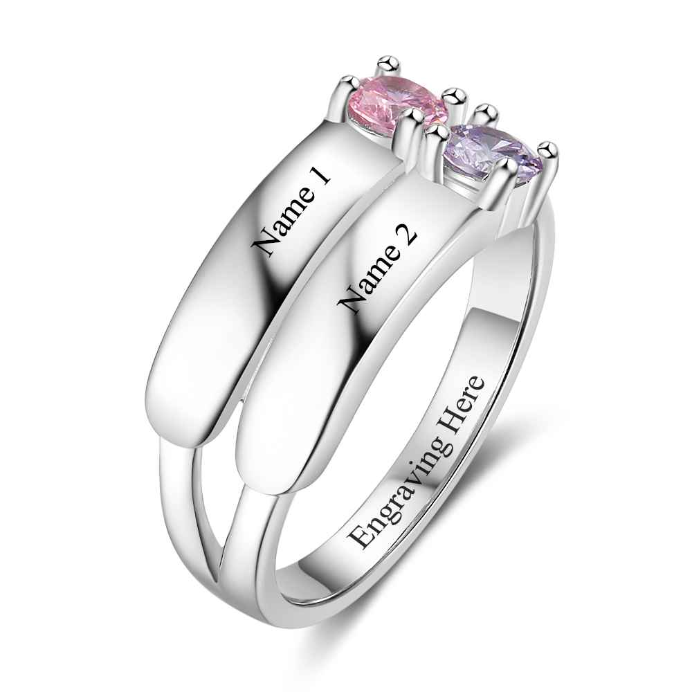 S925 Silver Ring Personalised 2 Birthstones Promise Ring With Names Gifts For Her-Jessemade AU