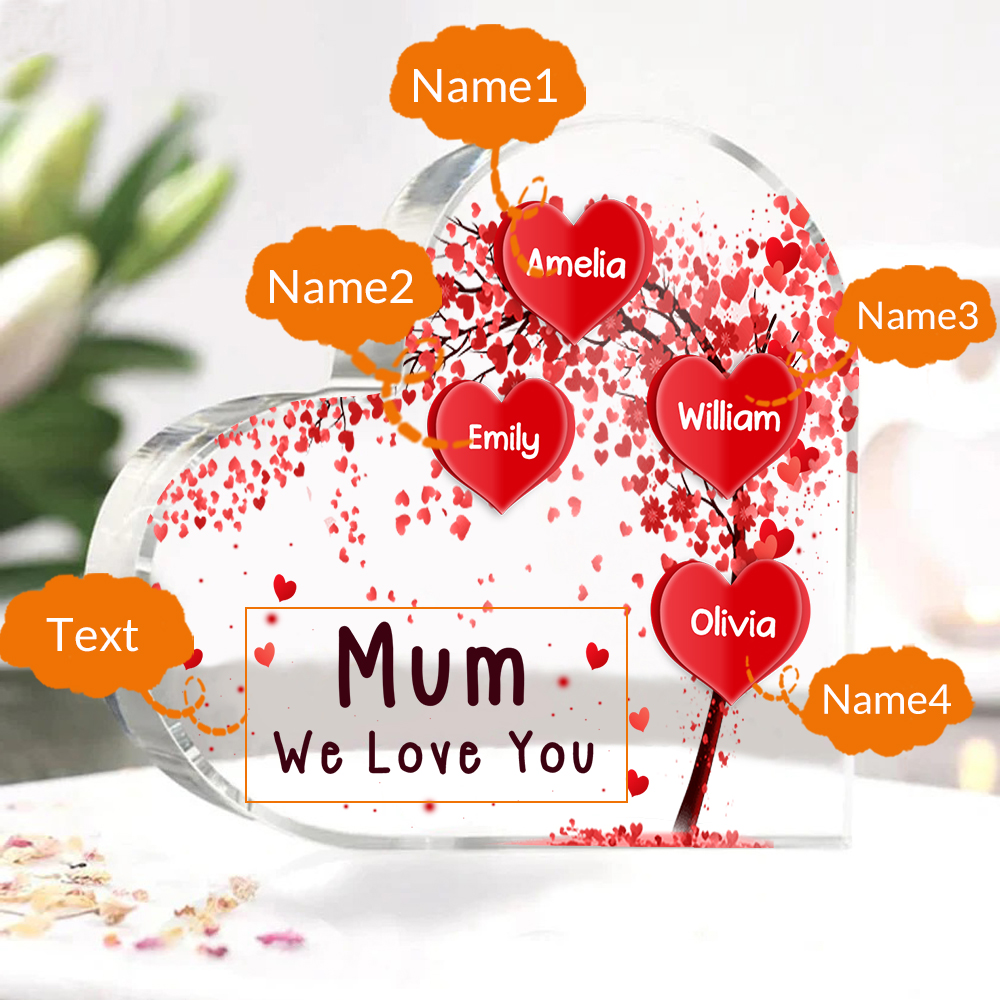 4 Names - Personalised Acrylic Heart Keepsake Custom Text Red Tree Ornaments Gifts for Grandma/Mother-Jessemade AU