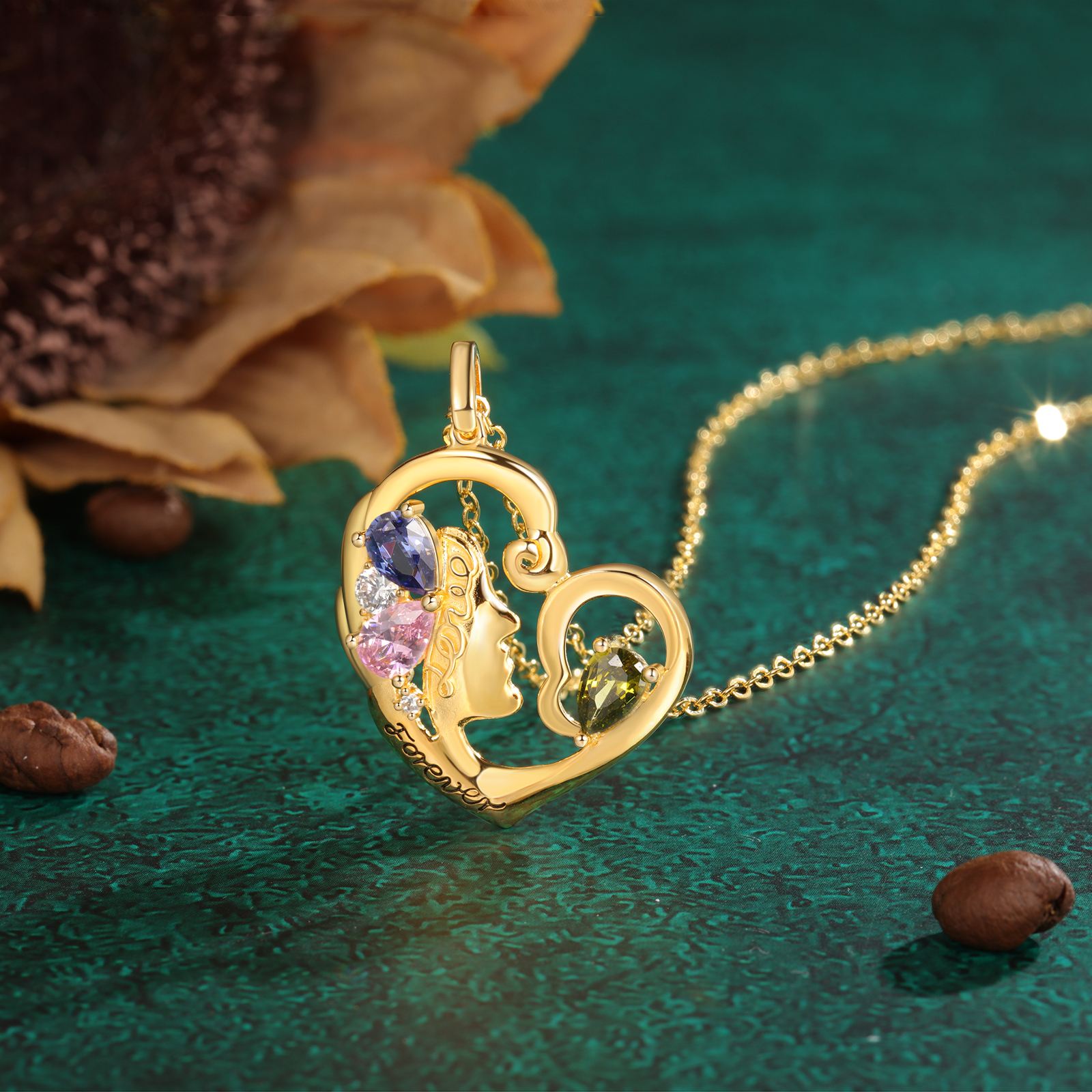 Personalised 1 Name Heart Charm Women's Necklace With 3 Birthstones-Jessemade AU