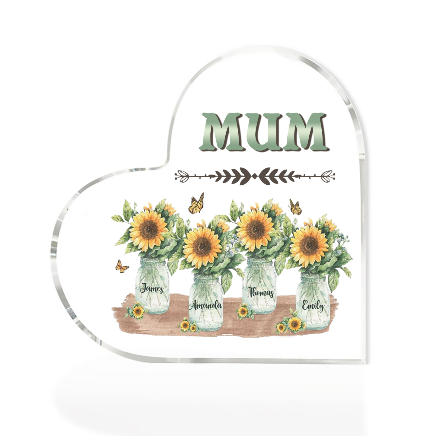 Personalised Acrylic Heart Keepsake Custom 4 Names & 1 Text Sunflower Vase Ornament Gifts for Mother/Grandma-Jessemade AU