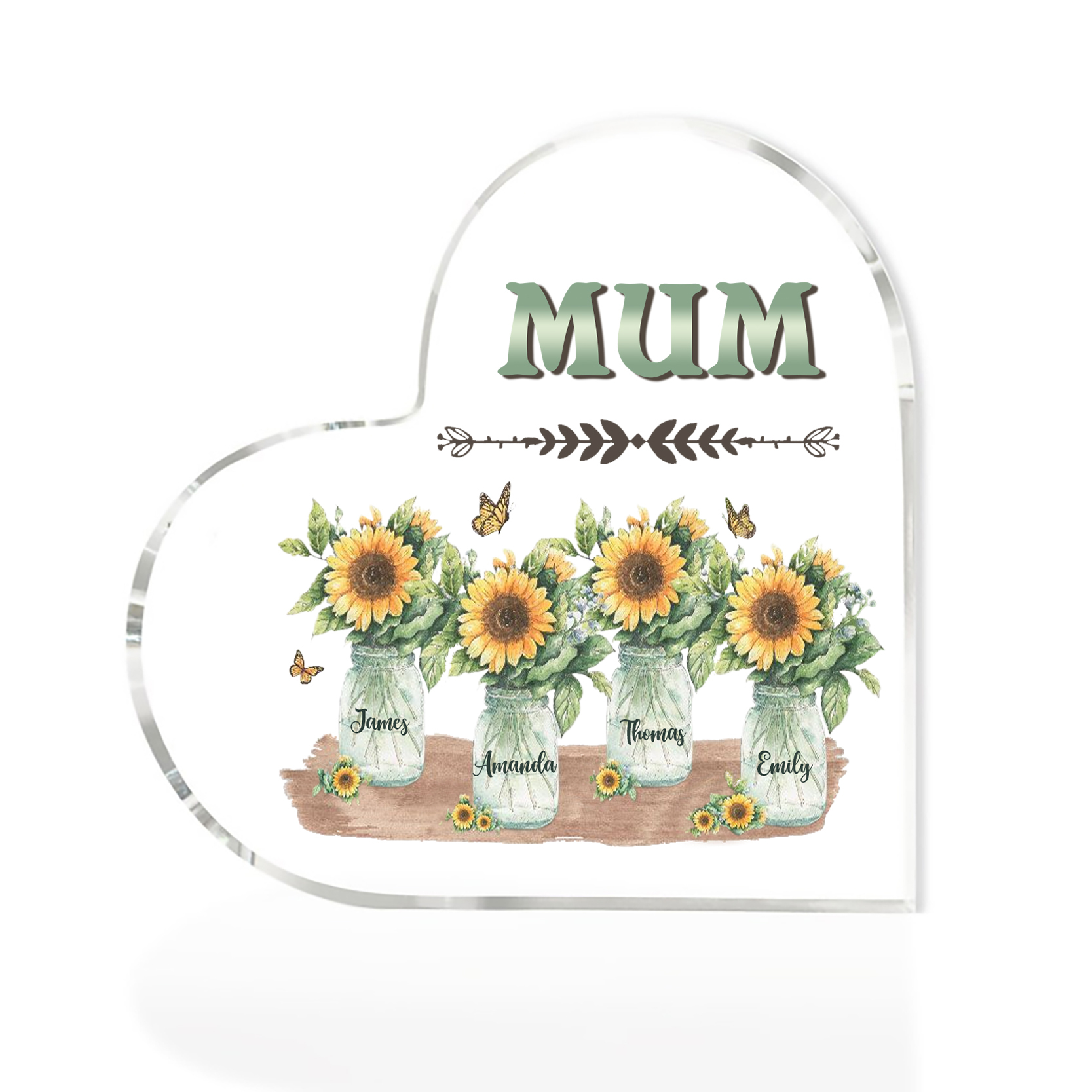 Personalised Acrylic Heart Keepsake Custom 4 Names & 1 Text Sunflower Vase Ornament Gifts for Mother/Grandma-Jessemade AU