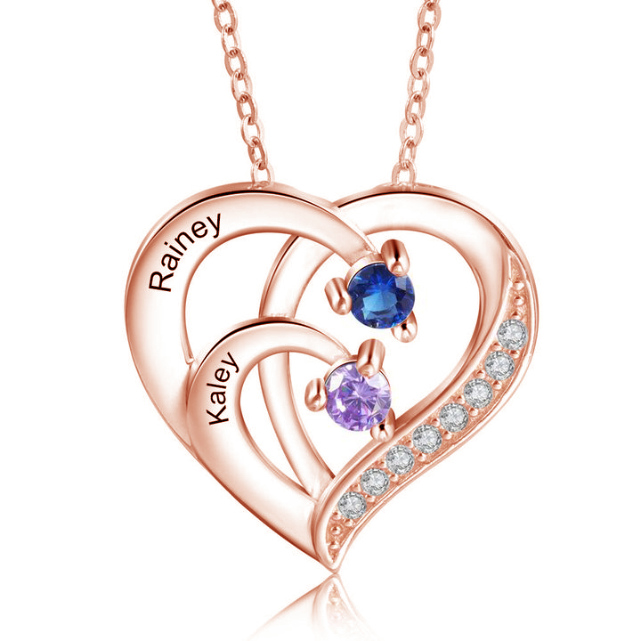 Personalised Mother Necklace 2 Stones Engraved 2 Names Birthstone Intertwined Heart Pendant Gifts for Her-Jessemade AU