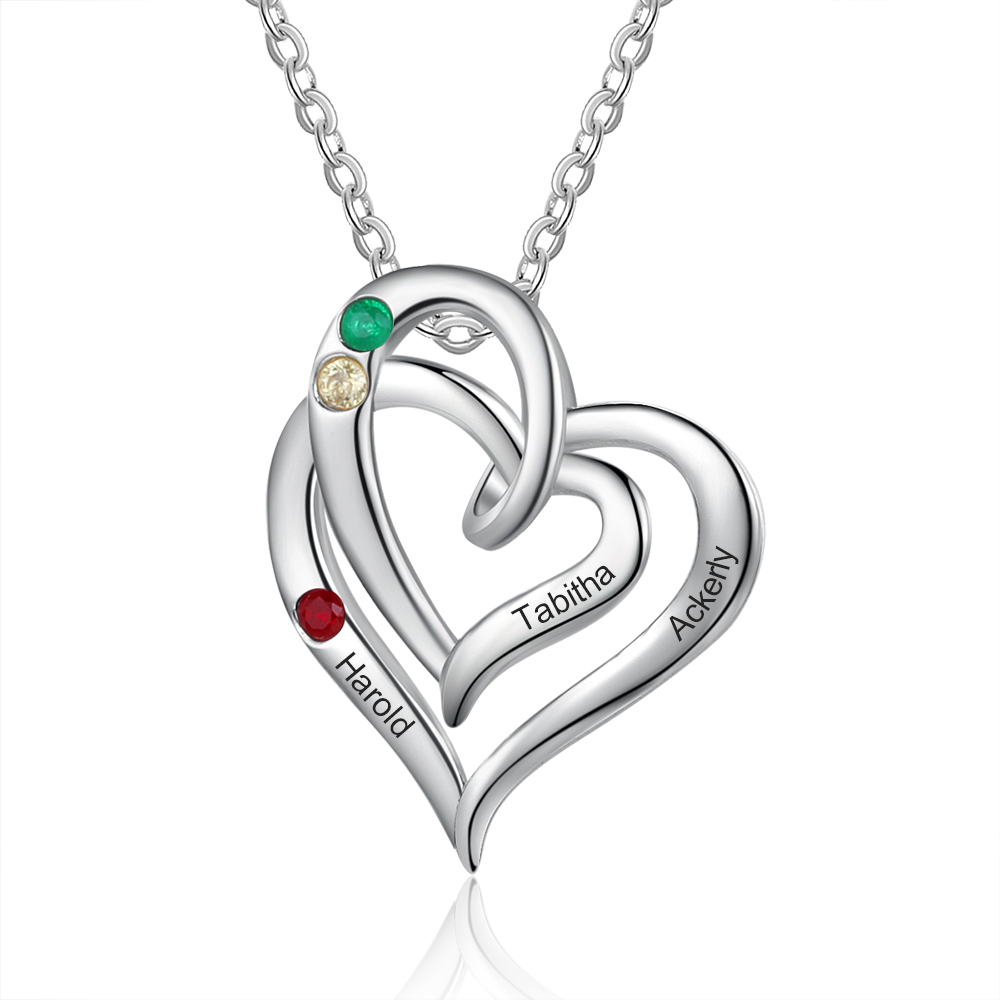 Personalised Heart Necklace With 2 Birthstones Engraved Names Gift For Her-Jessemade AU