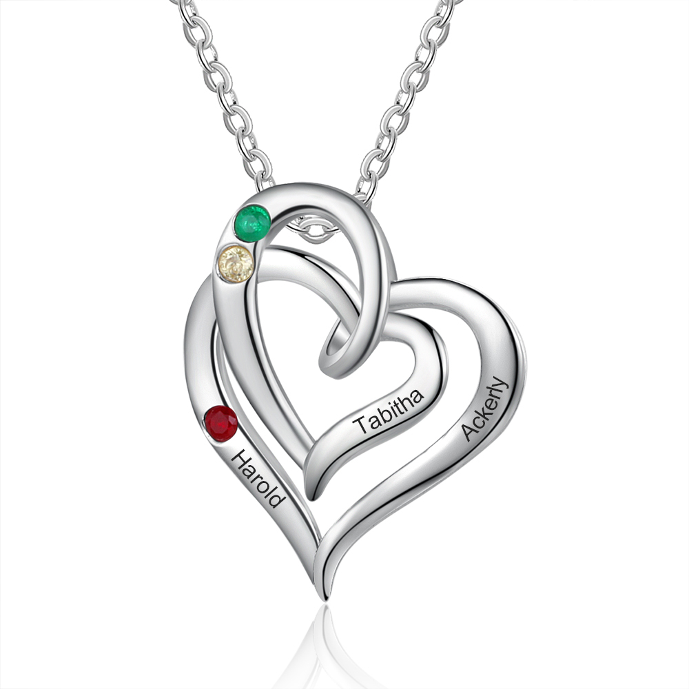 Personalised Heart Necklace With 2 Birthstones Engraved Names Gift For Her-Jessemade AU