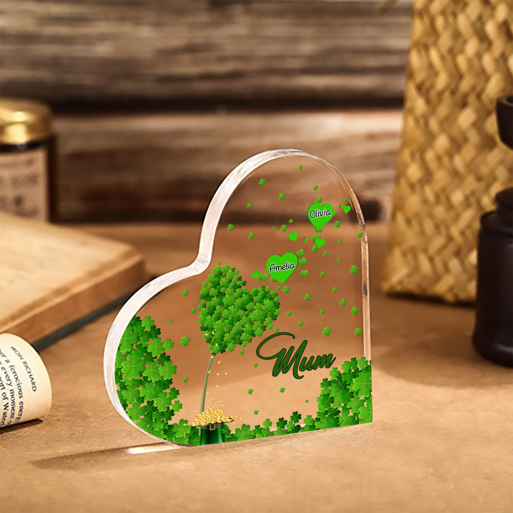 2 Names - Personalised Acrylic Heart Keepsake Custom Text Four-Leaf Clover Ornament Gift for Mother/Grandma-Jessemade AU