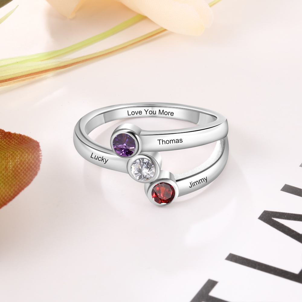 Personalised Ring With 3 Birthstones Engraved Names Ring Gift For Women-Jessemade AU