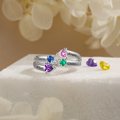 4 Names - Personalised Birthstones Ring Customised Name Open Ring Gift for Her-Jessemade AU