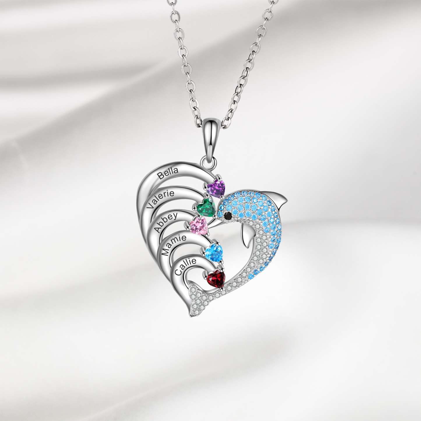 Personalised Heart Dolphin Necklace With 5 Birthstones Engraved Names Gift For Her-Jessemade AU