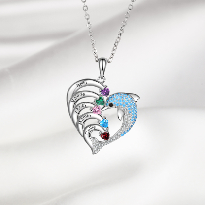 Personalised Heart Dolphin Necklace With 5 Birthstones Engraved Names Gift For Her-Jessemade AU