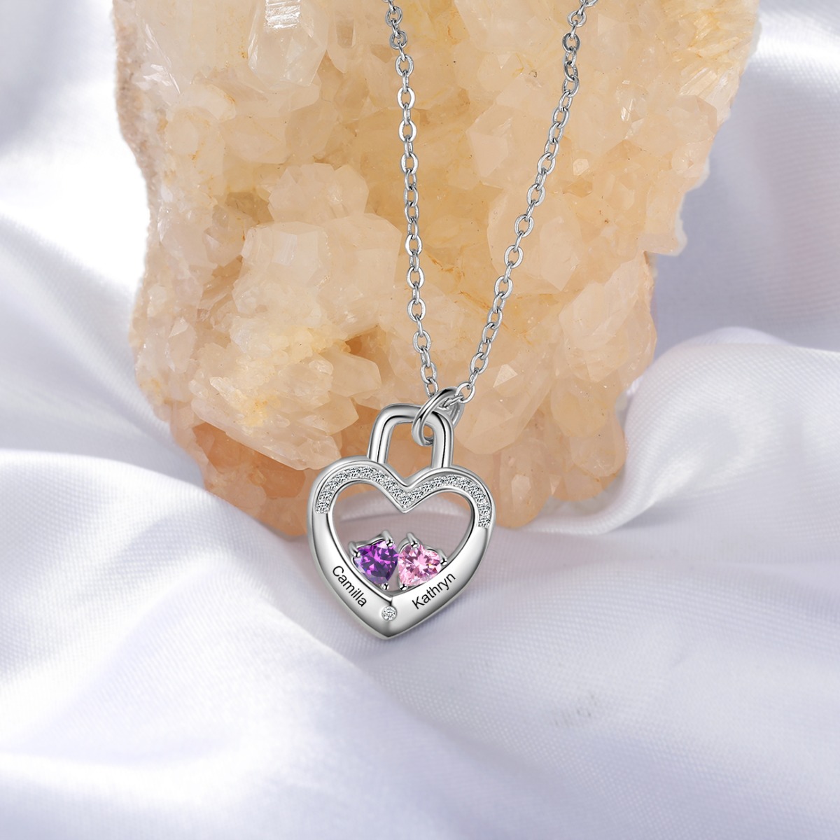 S925 Silver Love Lock Necklace Personalised Heart Necklace with Birthstone for Her-Jessemade AU