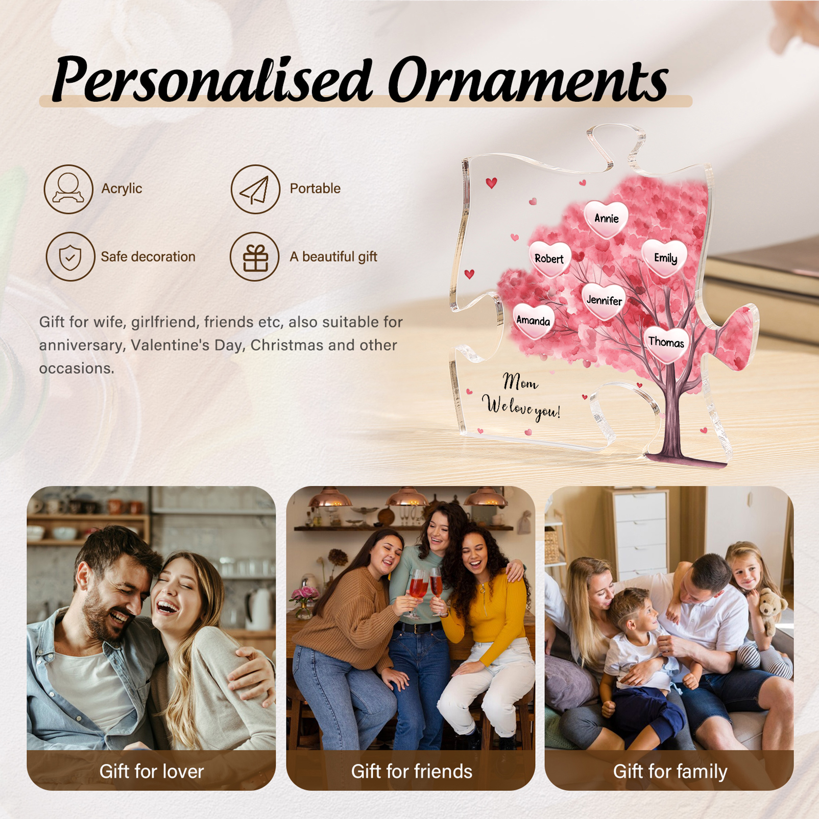 Personalised Acrylic Puzzle Plaque Custom 6 Names & 1 Text Pink Tree Family Ornament Gift for Mum/Nan-Jessemade AU