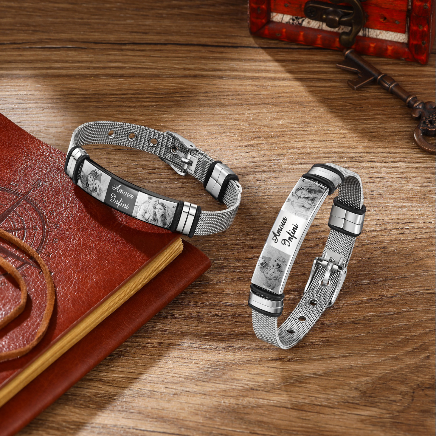 Personalised ID Bar Bracelet Engraved 2 Photos Men Women Bracelet-Jessemade AU