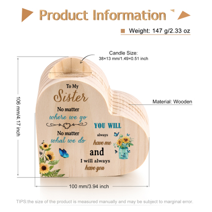 To My Sister Sunflowers Heart Candle Holder "I will always have you" Wooden Candlestick Gifts-Jessemade AU