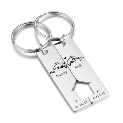Personalised Couple Keychain Custom 2 Letters & 2 Dates & 2 Names Dolphin Keyring Valentine's Day Gift for Husband/Wife-Jessemade AU