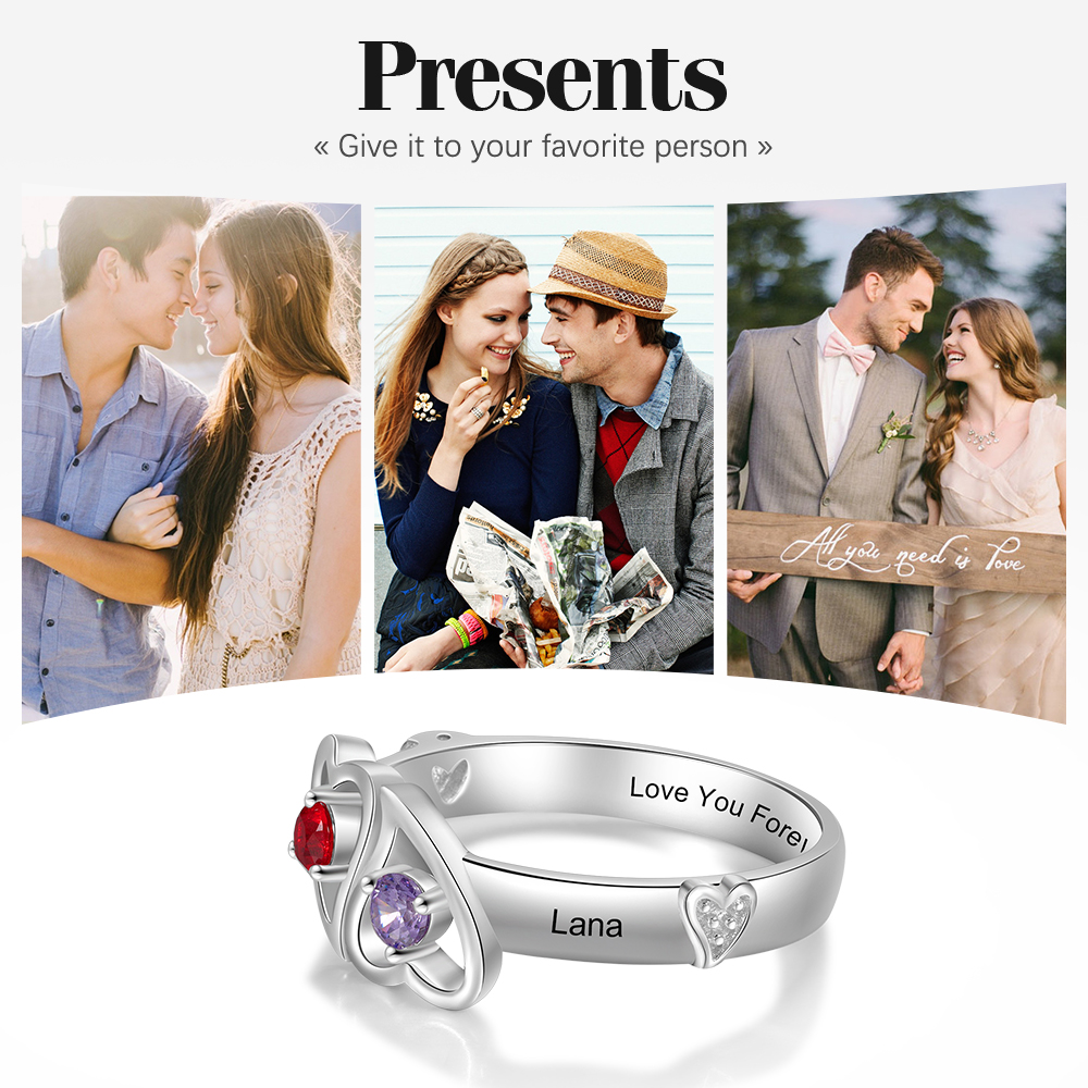 Personalised Heart Ring With 2 Birthstones Engraved Names Ring Gift For Women-Jessemade AU