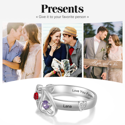 Personalised Heart Ring With 2 Birthstones Engraved Names Ring Gift For Women-Jessemade AU