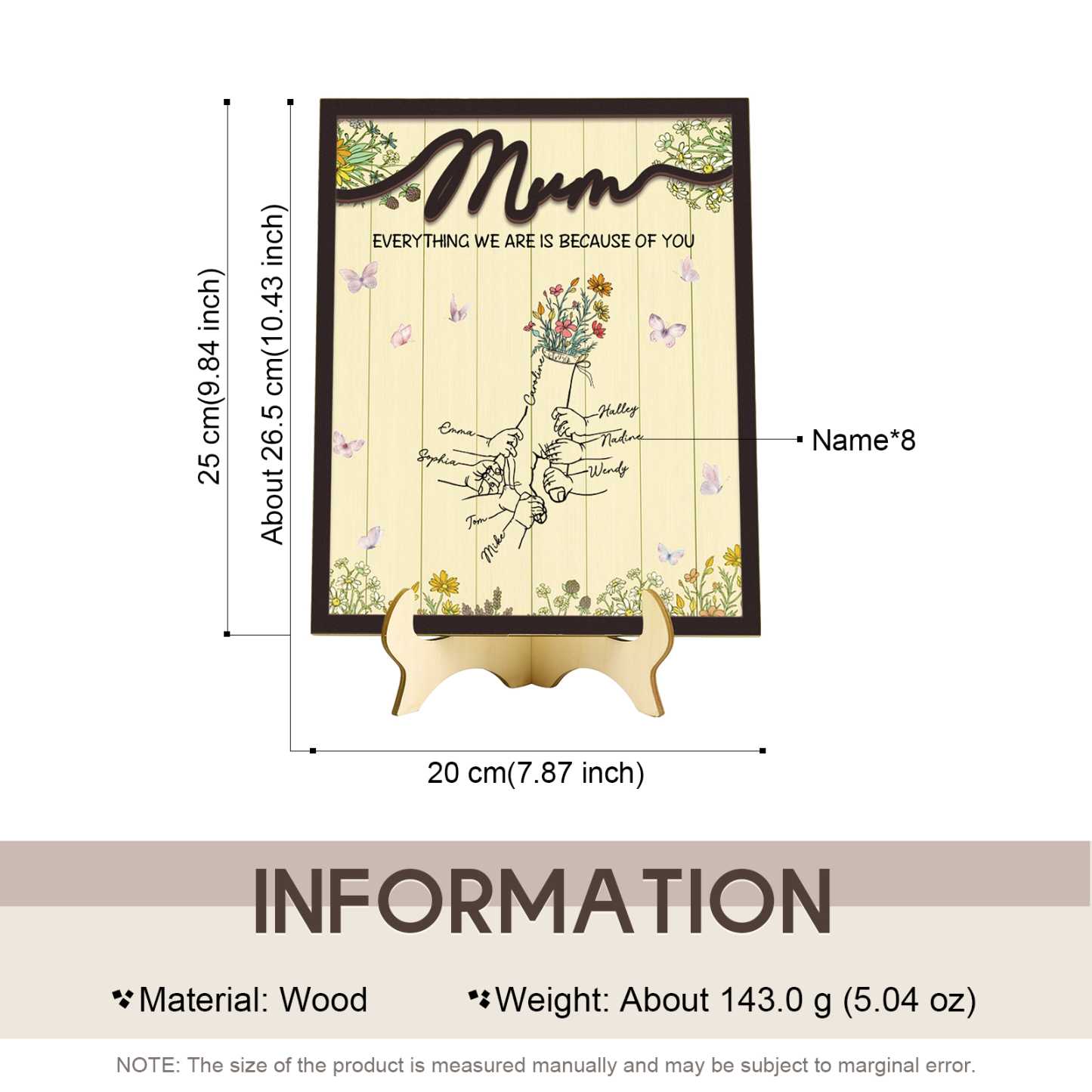 Personalised 8 Names Wooden Plaque Holding Mum's Hand Desktop Decoration With Stand - EVERYTHING WE ARE IS BECAUSE OF YOU-Jessemade AU