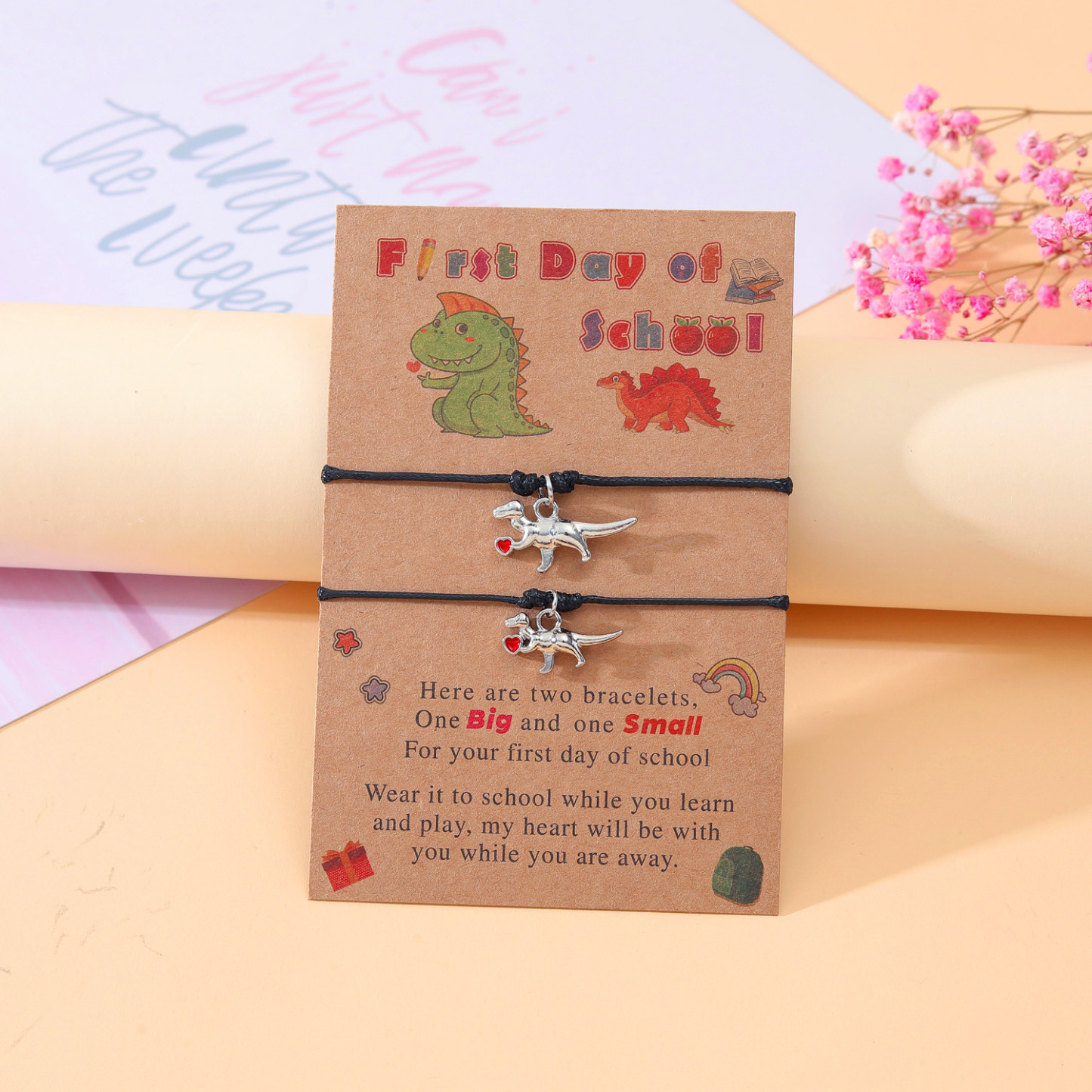 2 Pcs Dinosaur Bracelet Set First Day of School Gift with Cartoon Gift Cards for Mom Kids-Jessemade AU