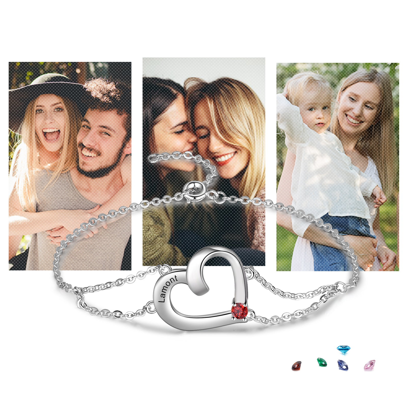 Personalised Heart Bracelet With 1 Birthstone Engraved Names Gift For Women-Jessemade AU