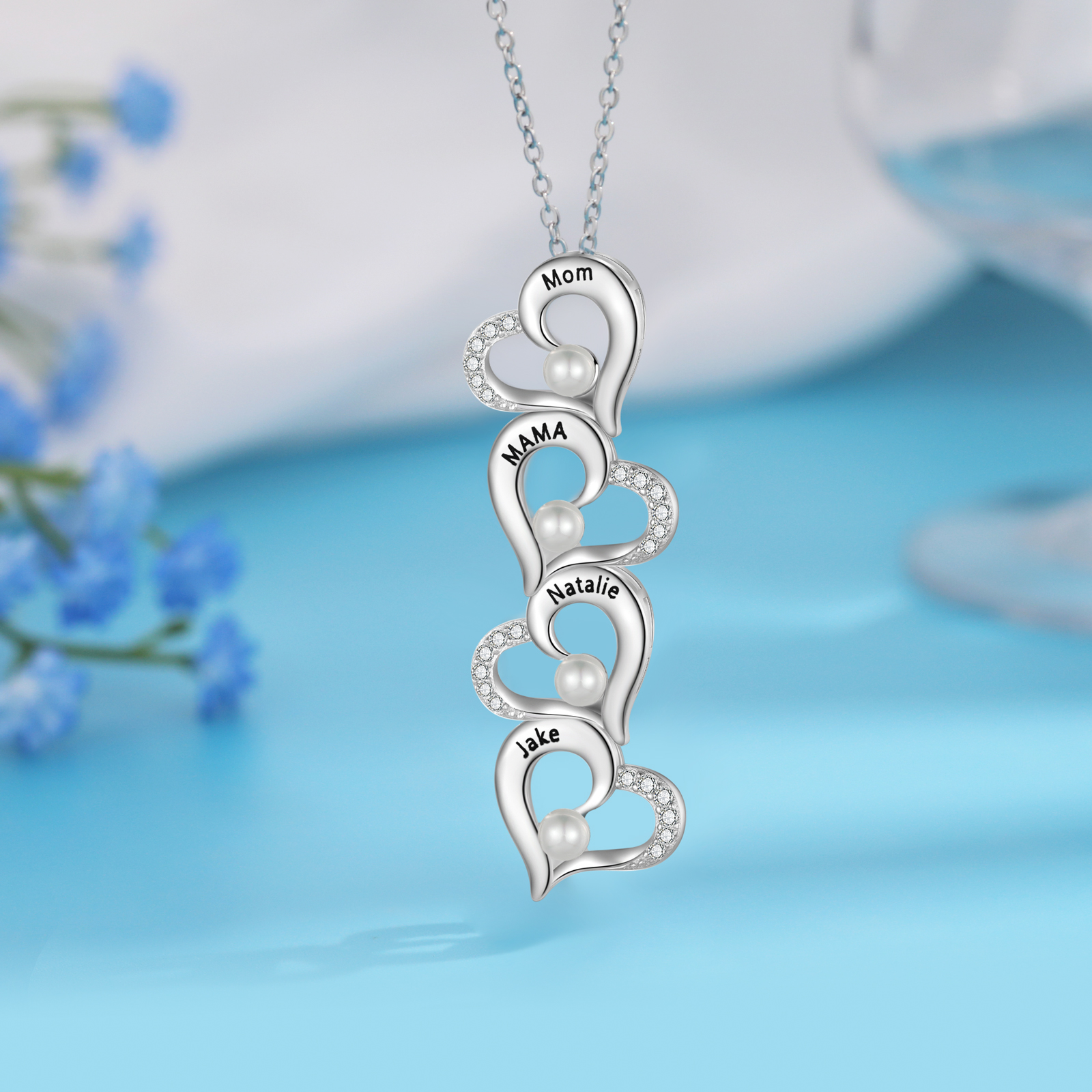 Custom Heart Necklace Engrave 4 Names Family Necklace-Jessemade AU