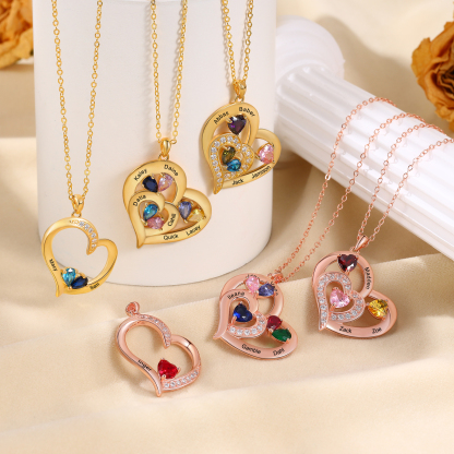 5 Names - Personalised Heart Pendant Necklace Customised Names & Birthstones Necklace Birthday Gift for Her-Jessemade AU