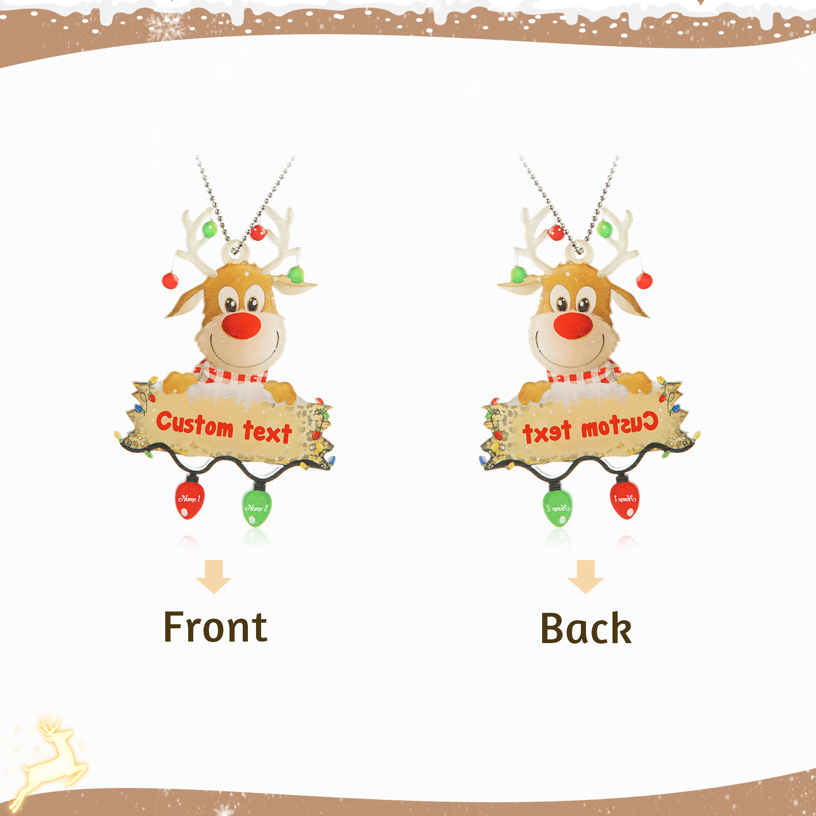 2 Names - Personalised Acrylic Christmas Reindeer Ornaments Customised Text & Name Xmas Decor Gifts for Family-Jessemade AU