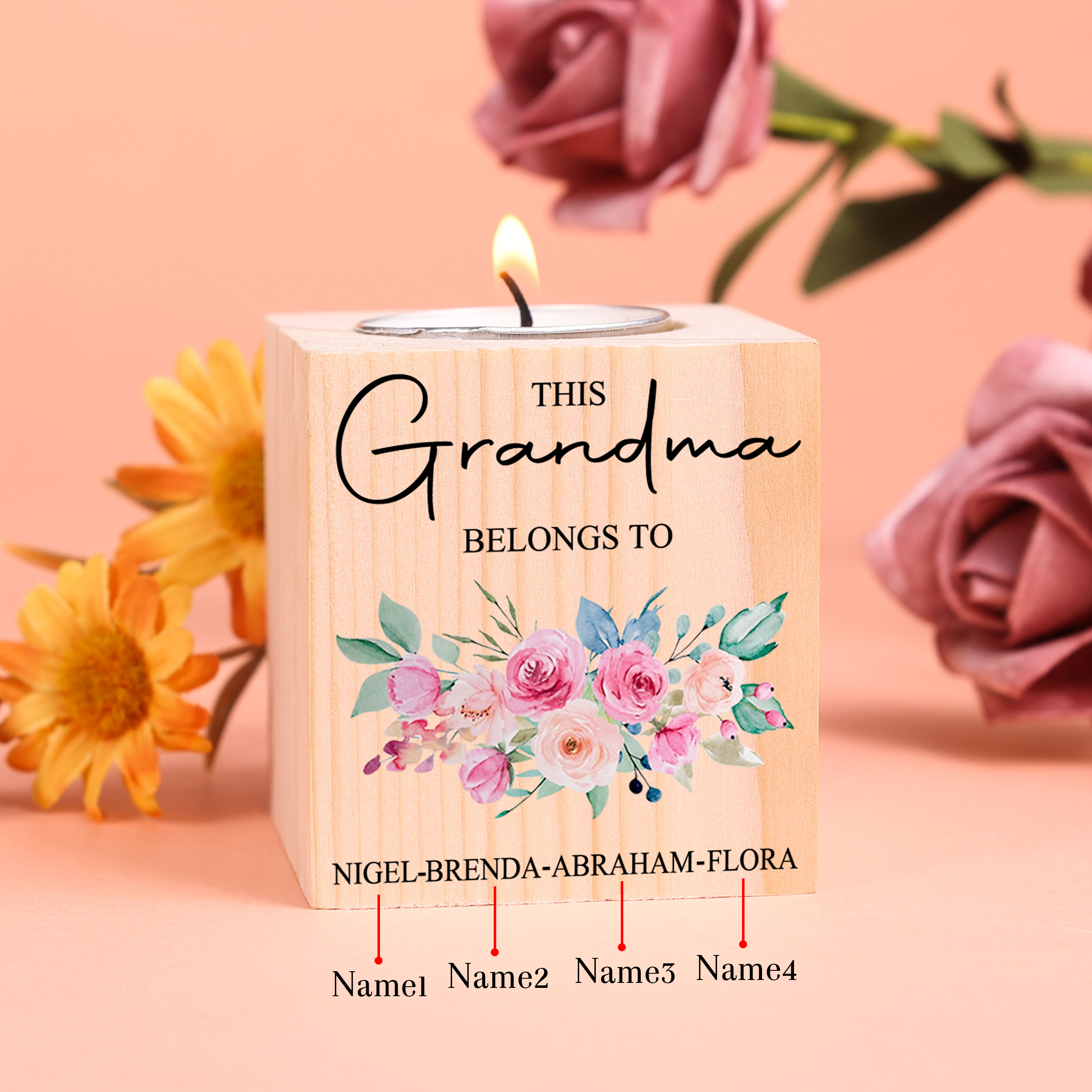 4 Names - Personalised Wooden Candle Holder Engraved Name Candlestick Grandparents Day Gift for Grandma-Jessemade AU