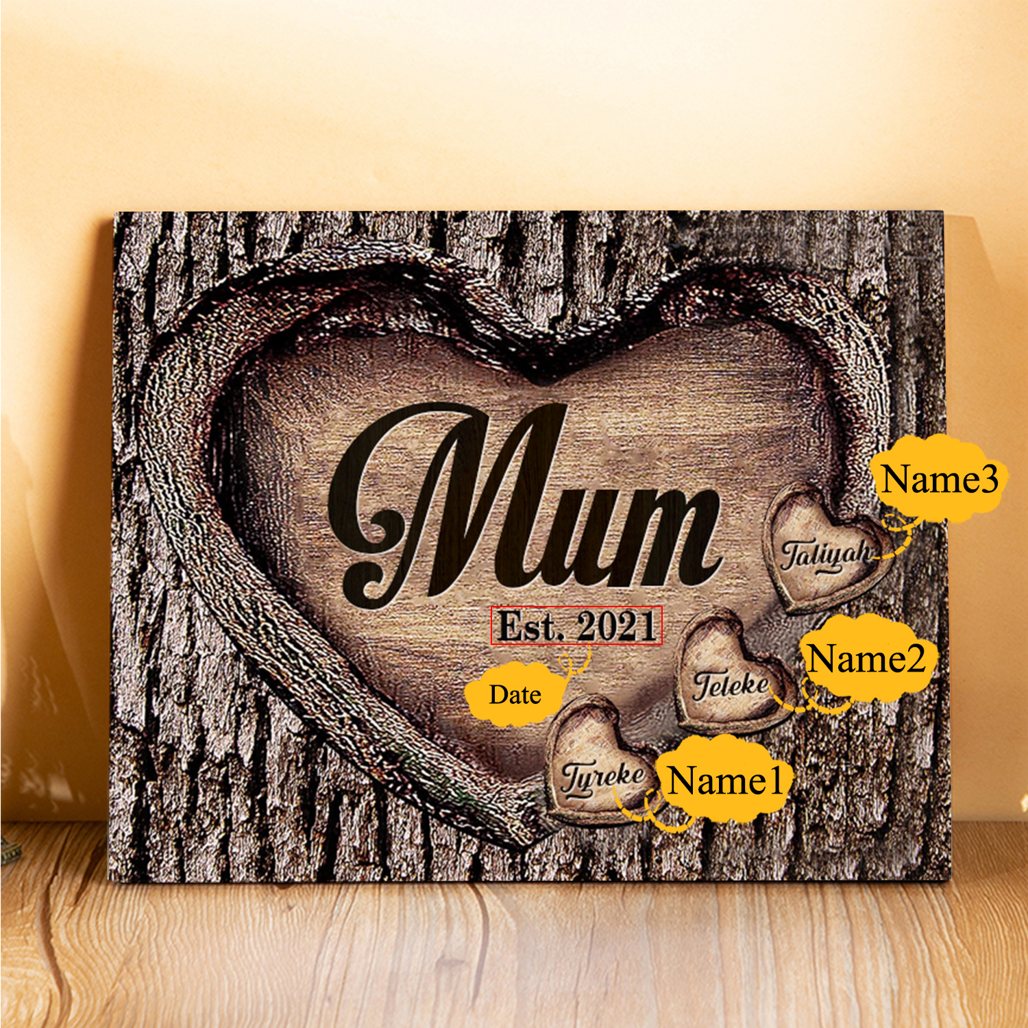 3 Names - Personalised Mum Wooden Plaque Custom Date & Names Home Decoration Hearts Gift for Mother-Jessemade AU