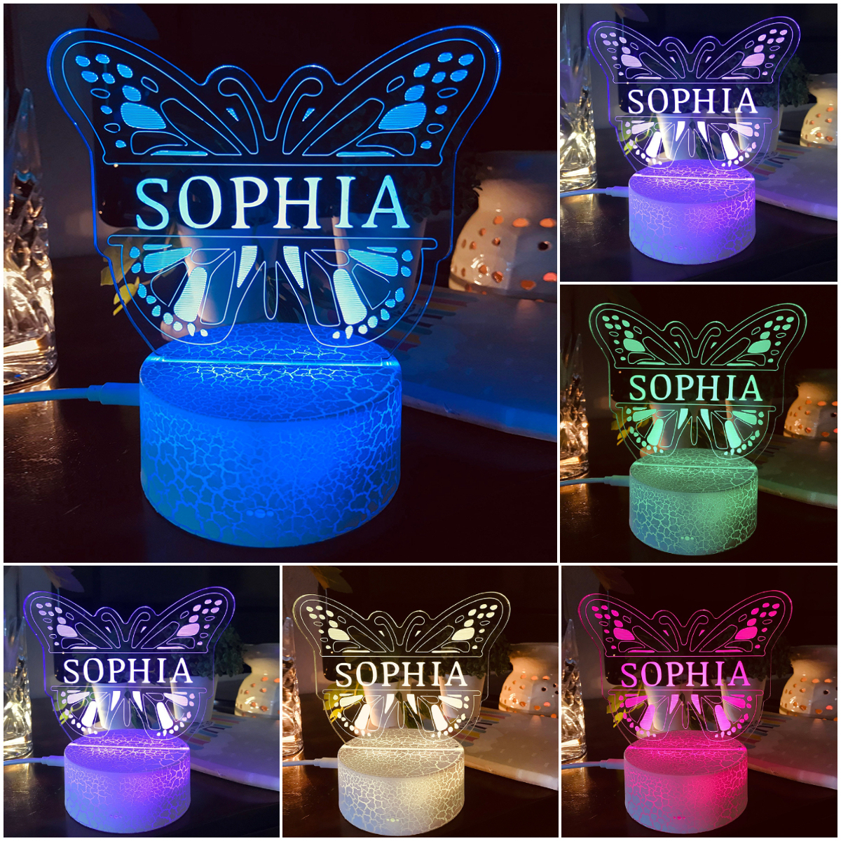 Multi-Coloured Butterfly Night Light Custom Name 3D Acrylic Lamp for Kids Room & Birthday Gift LED Nursery-Jessemade AU