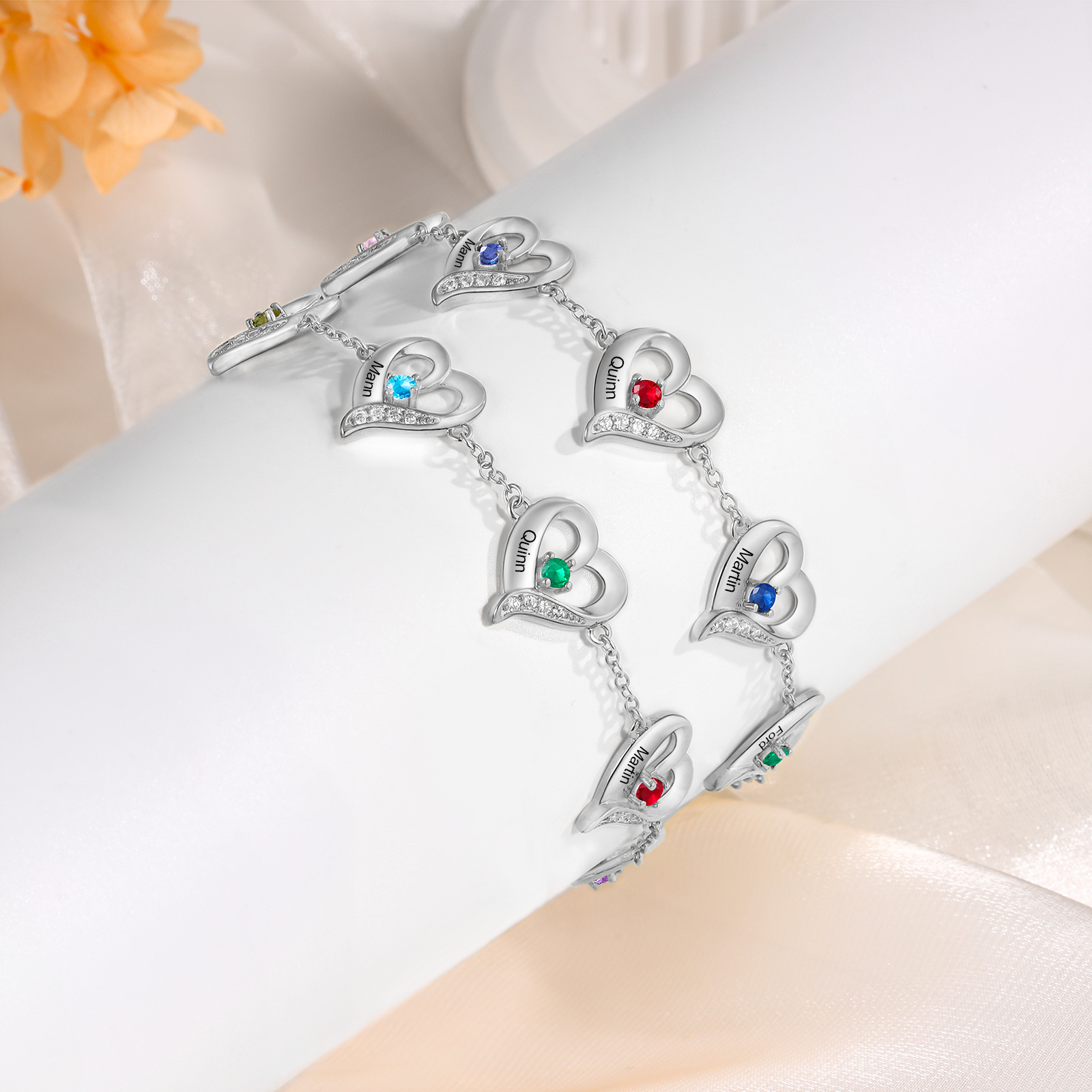 6 Names - Personalised Heart Bracelet Customised Names & Birthstones Bracelets Silver Valentine's Day Gift For Her-Jessemade AU
