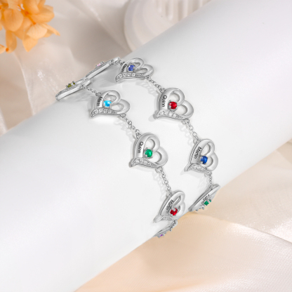 6 Names - Personalised Heart Bracelet Customised Names & Birthstones Bracelets Silver Valentine's Day Gift For Her-Jessemade AU