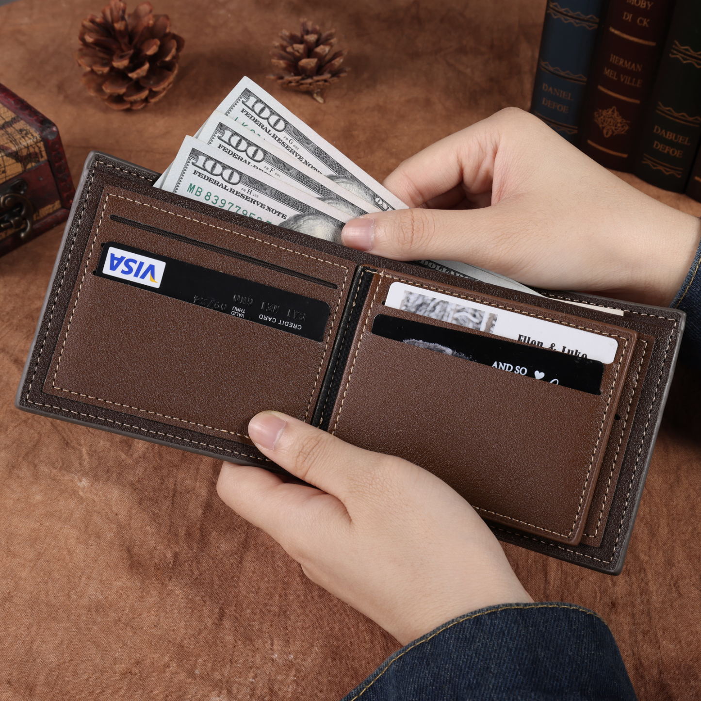 Personalised Leather Wallet Engraved Photo Short Purse Gifts For Men