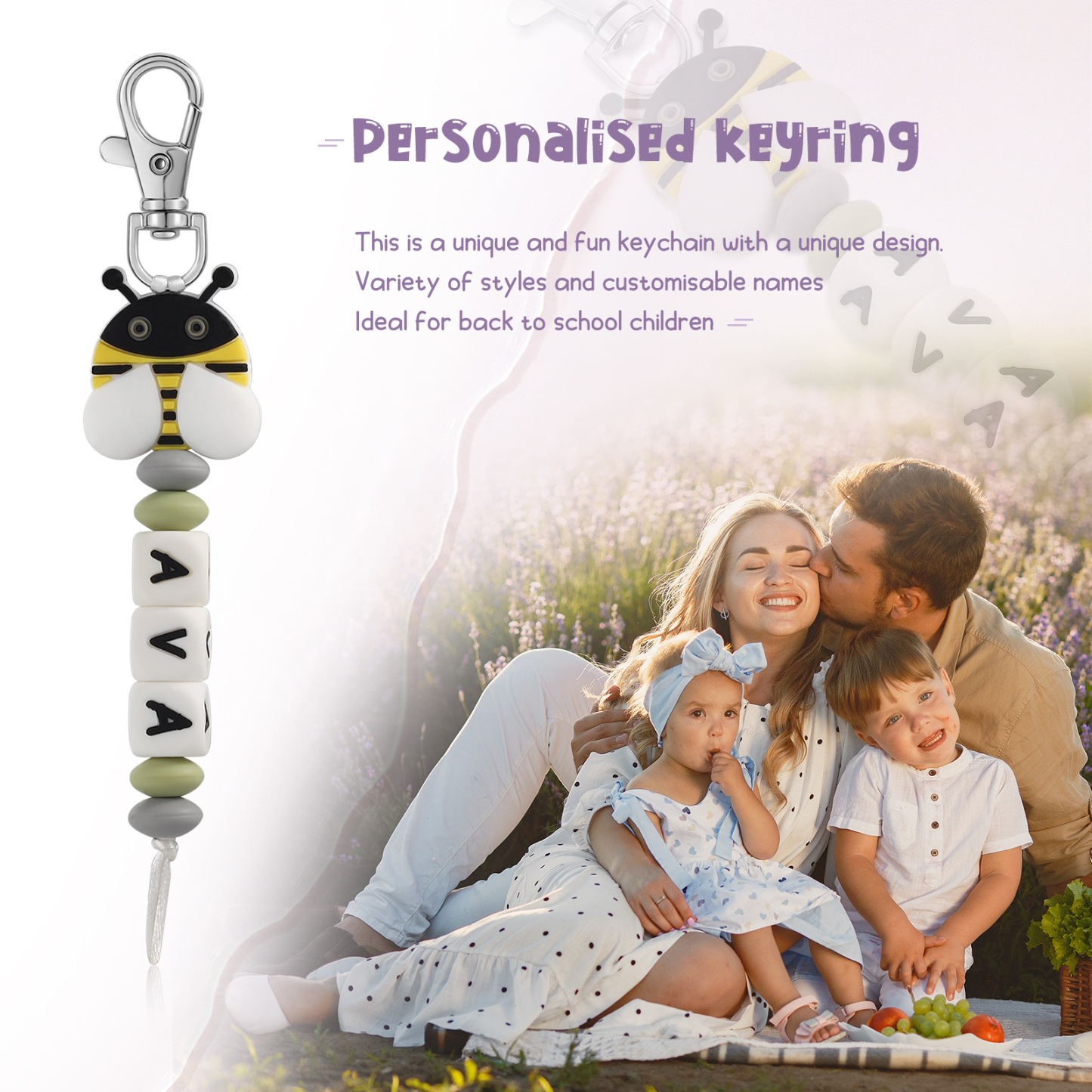 Personalised Name Keychain Custom Name Bee Keychain for kids-Jessemade AU