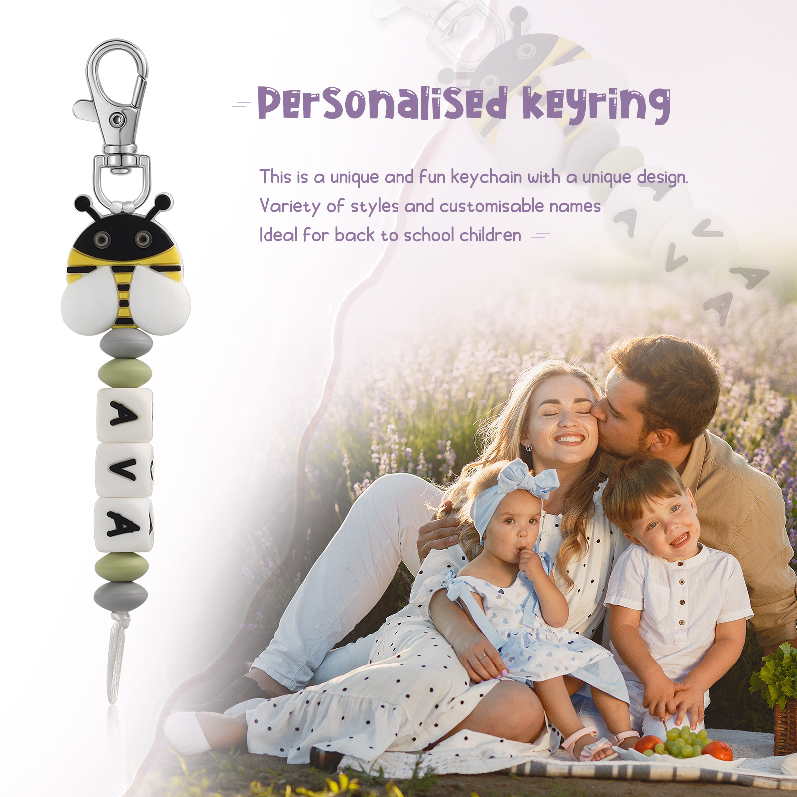 Personalised Name Keychain Custom Name Bee Keychain for kids-Jessemade AU