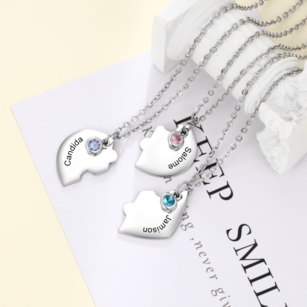 Personalised Puzzle Necklace With Birthstone Custom 3 Names Gifts For Mom BBF Friendship Style-Jessemade AU