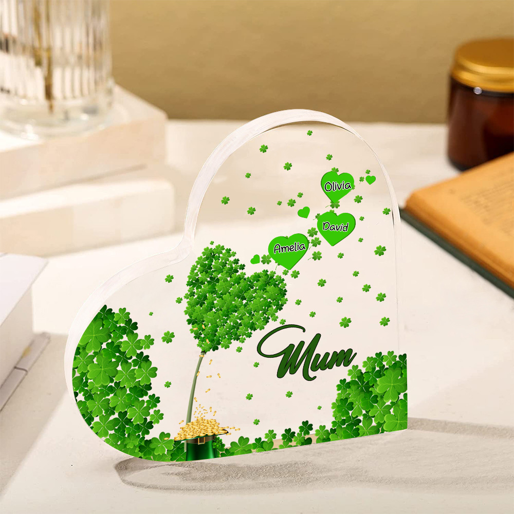 3 Names - Personalised Acrylic Heart Keepsake Custom Text Four-Leaf Clover Ornament Gift for Mother/Grandma-Jessemade AU