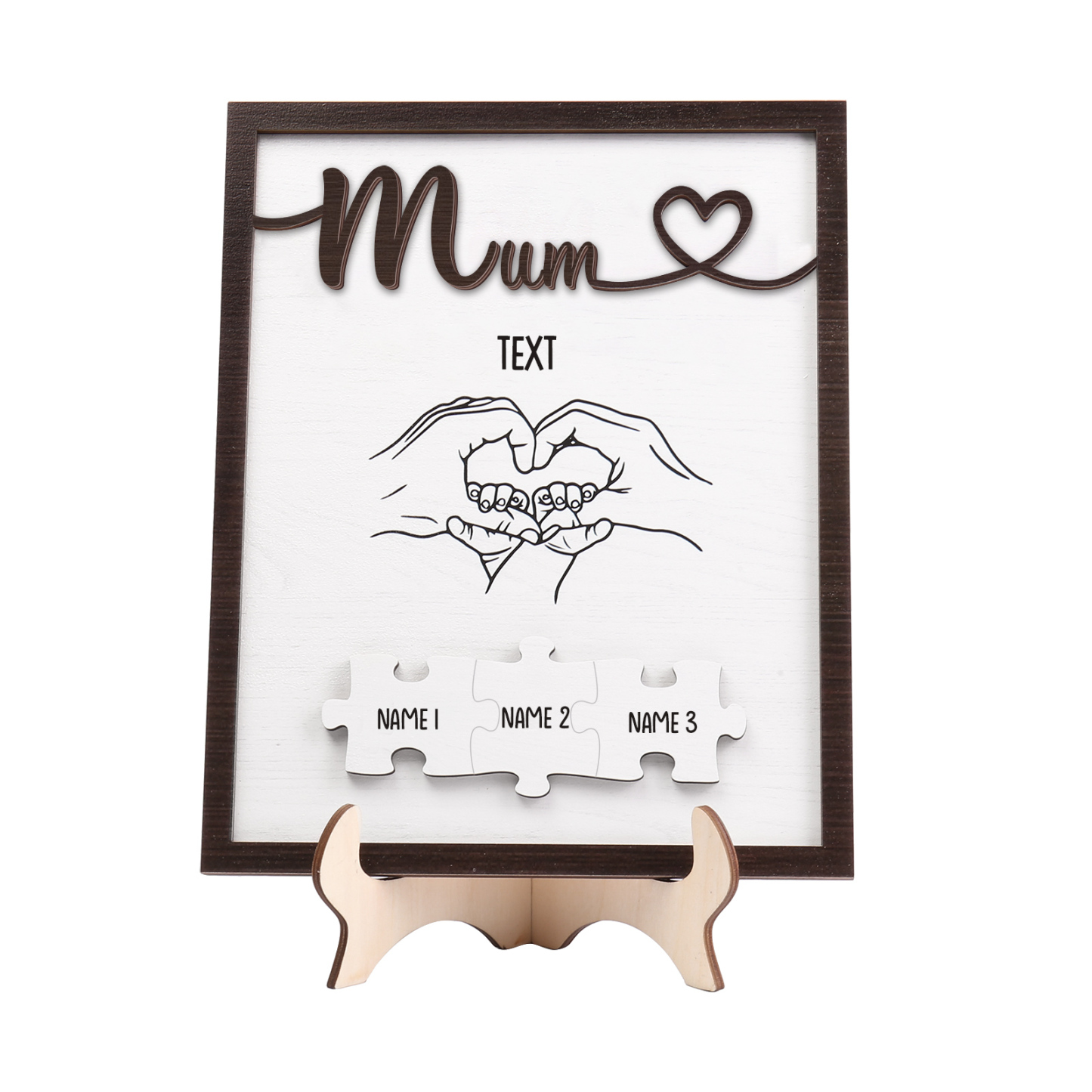 Personalised Puzzle Pieces Wooden Plaque Custom 3 Names & Text & Salutation Holding Hands Family Wooden Sign With Stand Gifts for Mum-Jessemade AU