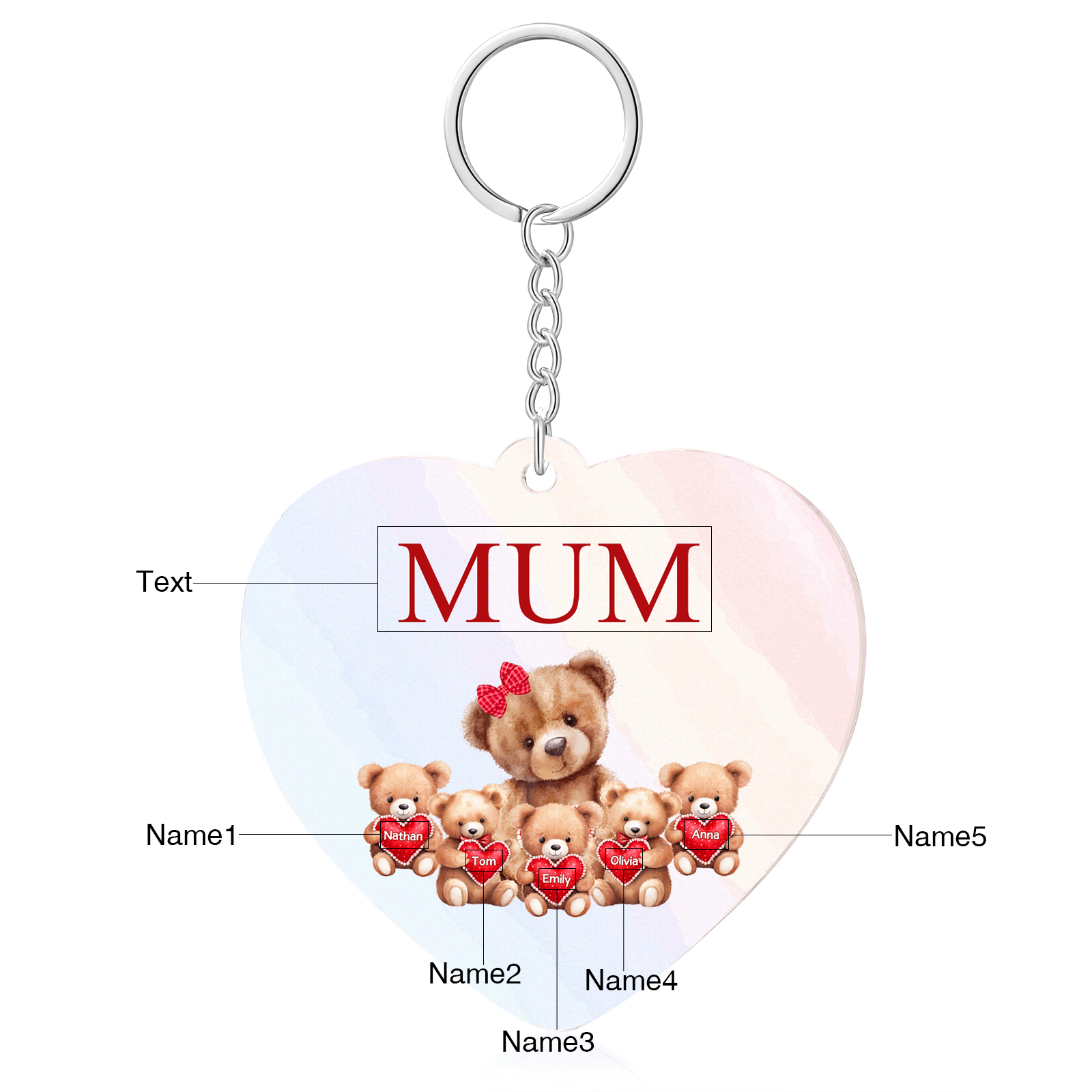 5 Names - Personalised Acrylic Keychain Custom 1 Text Teddy Bears Family Hanging Ornaments Gift for Mum/Grandma-Jessemade AU