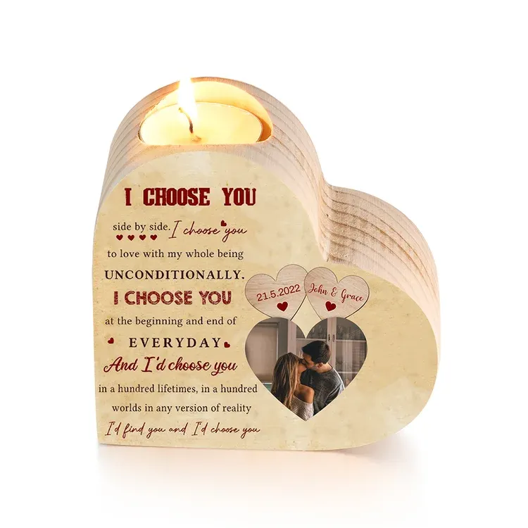 Personalised Couple Heart Candle Holder I Choose You Wooden Candlesticks Valentines Gift-Jessemade AU