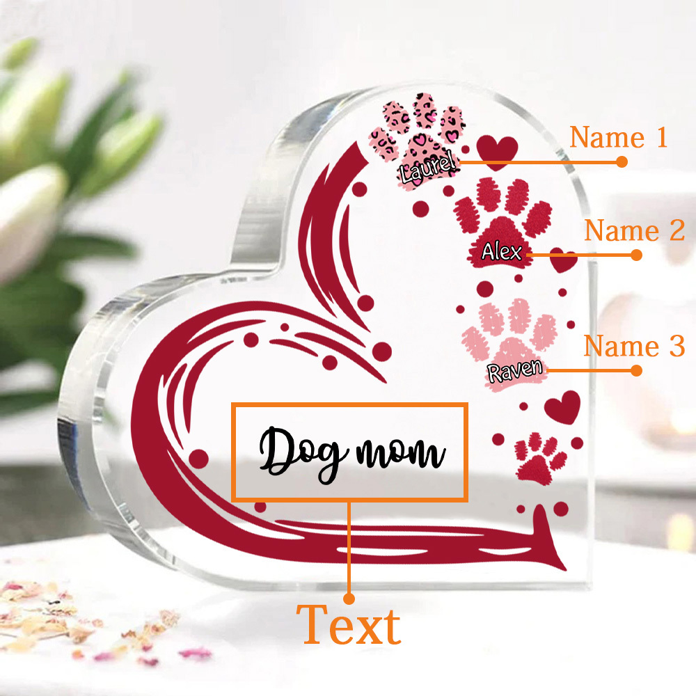 Personalised Text Acrylic Heart Keepsake Custom 3 Names Dog Footprints Ornaments Gifts for Grandma/Mother-Jessemade AU