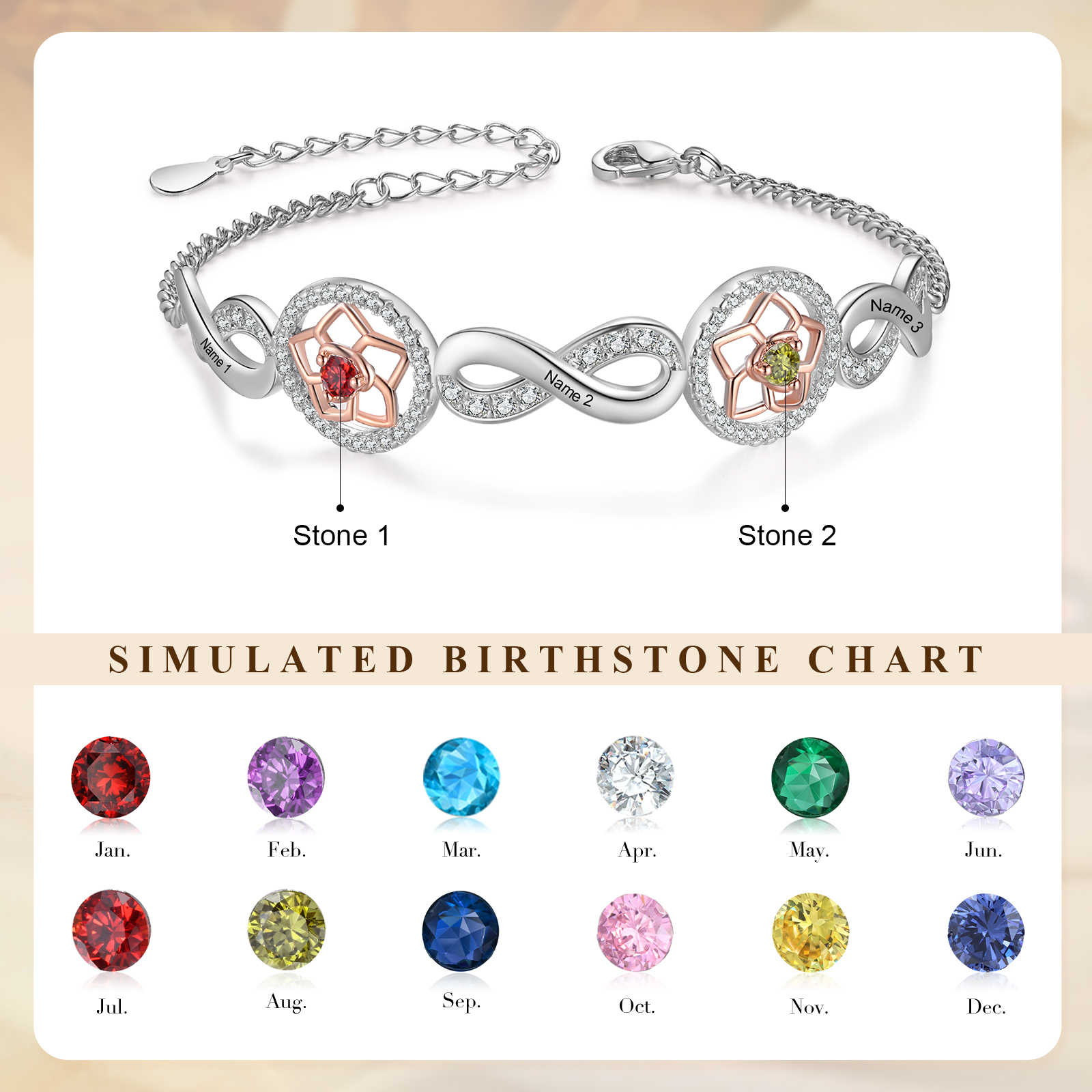 Personalised Women's Bracelet Custom 2 Birthstones & 2 Names Infinity Bracelet Birthday Gift for Her-Jessemade AU