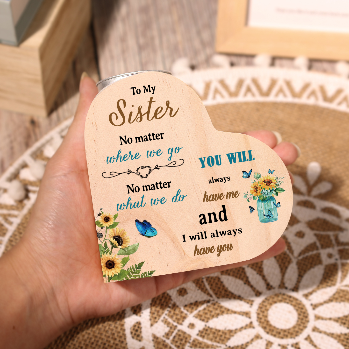 To My Sister Sunflowers Heart Candle Holder "I will always have you" Wooden Candlestick Gifts-Jessemade AU