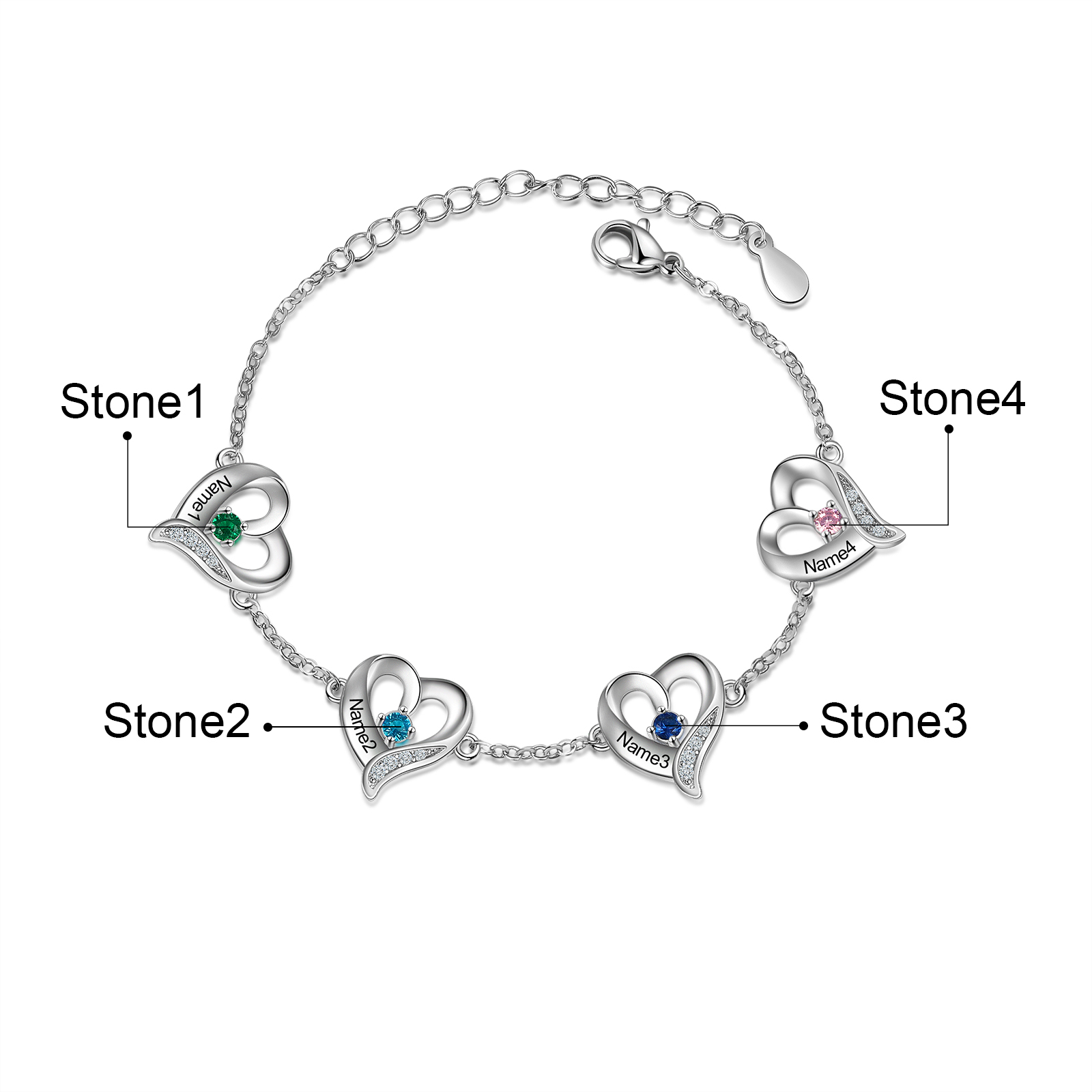 Personalised Heart Bracelet With 4 Birthstones Engraved Names Necklace For Her-Jessemade AU