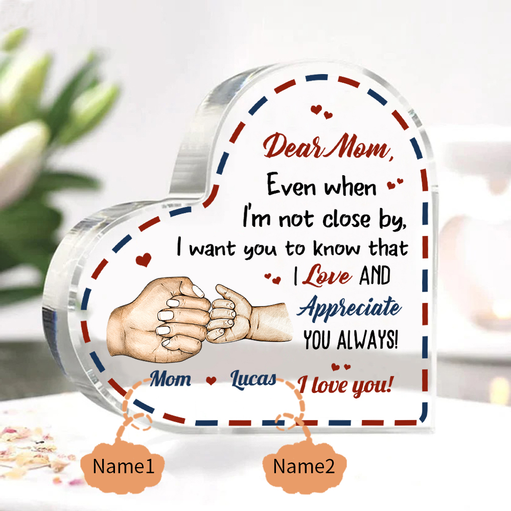 Dear Mum/Mom Personalised 2 Names Acrylic Heart Keepsake Fist Bump Ornaments - I Want You to Know That I Love and Appreciate You Always-Jessemade AU
