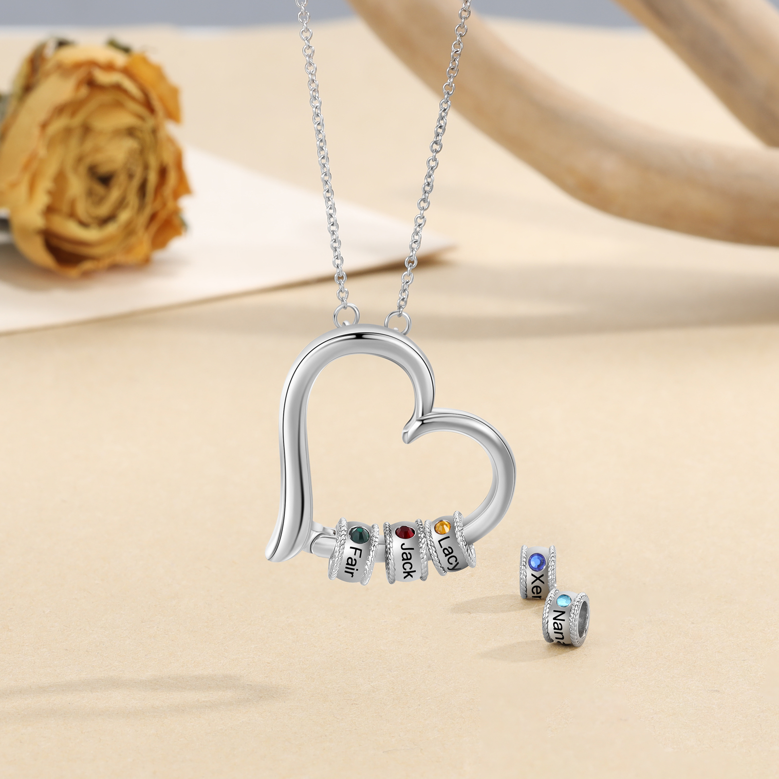 Customised Heart Necklace With 3 Birthstones Engraved Family Names Necklace Gift for Her-Jessemade AU