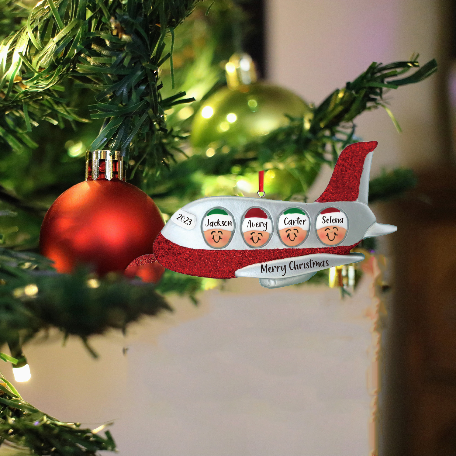 4 Names - Personalised Christmas Ornaments Custom Text & Year Wooden Airplane Christmas Decor Gifts for Family Friends-Jessemade AU